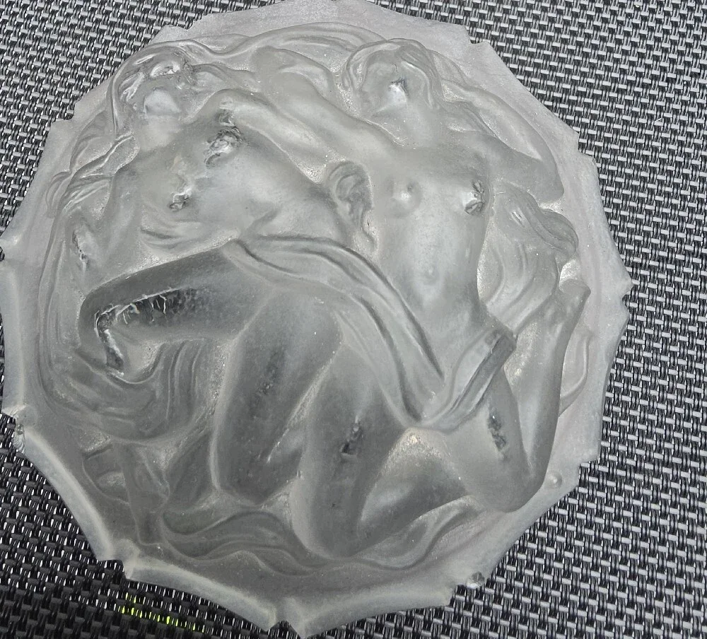 Vintage Czech Frosted Glass Powder Box Lid Art Deco Three Dancing Nymphs Nudes